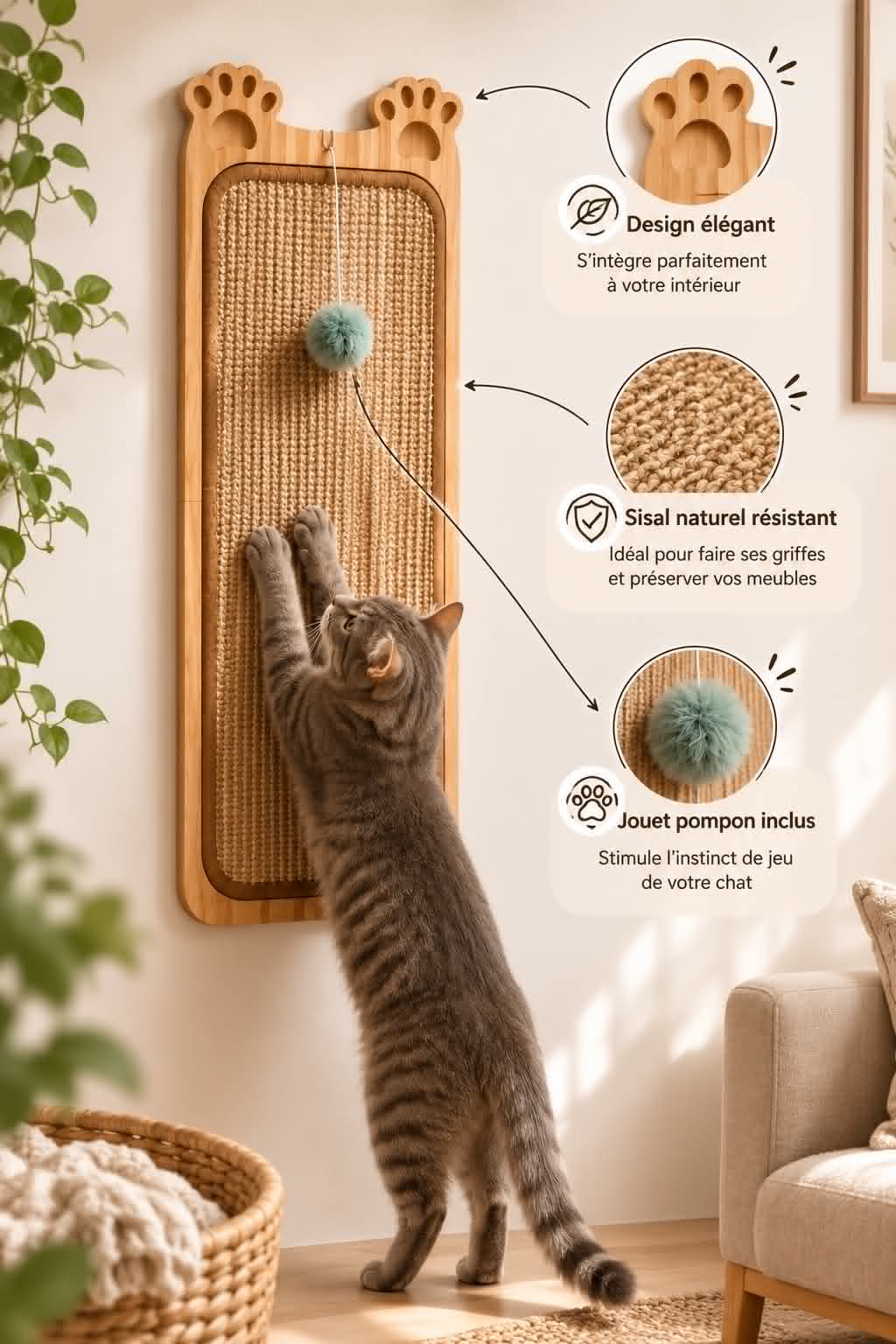 Nolia Griffoir mural en bois & sisal