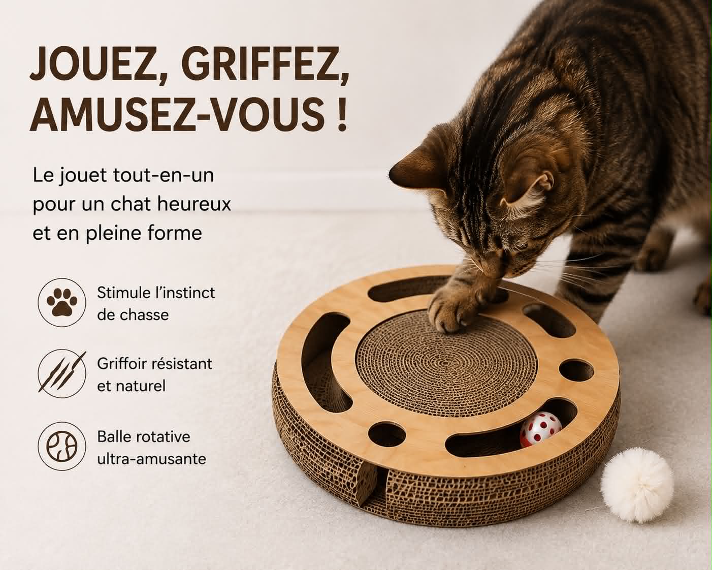 Jouet rond pour chat avec planche à gratter